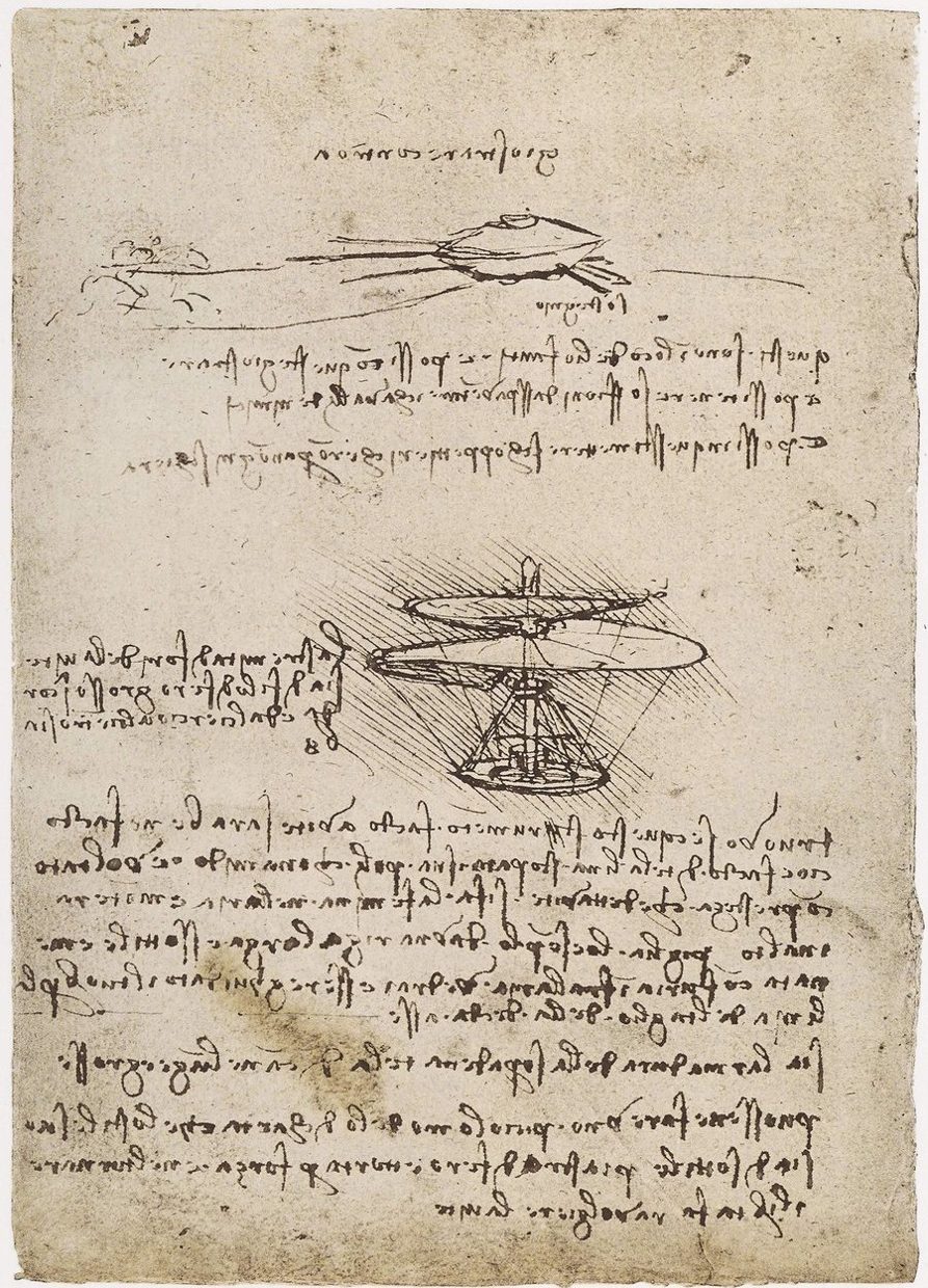Leonardo da Vinci's notebook page with the sketch of the aerial screw